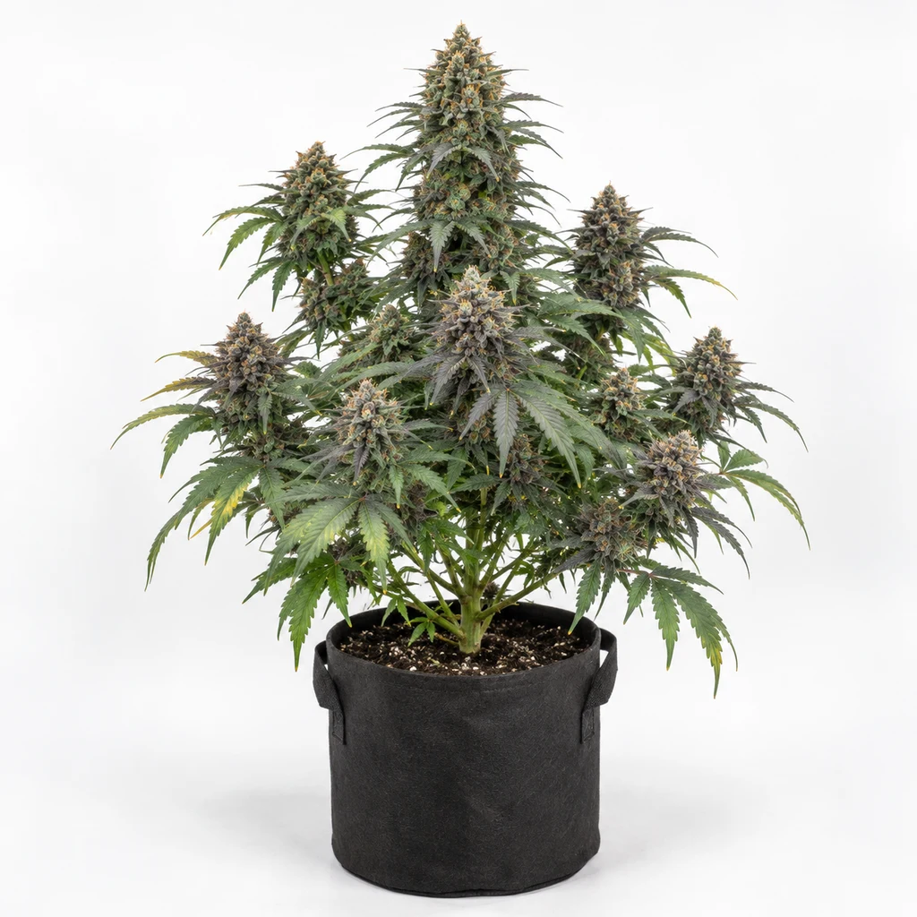 Ilustración de una planta de cannabis con cogollos de tonos violáceos en maceta negra, para la ficha de Blackberry Gum Auto.