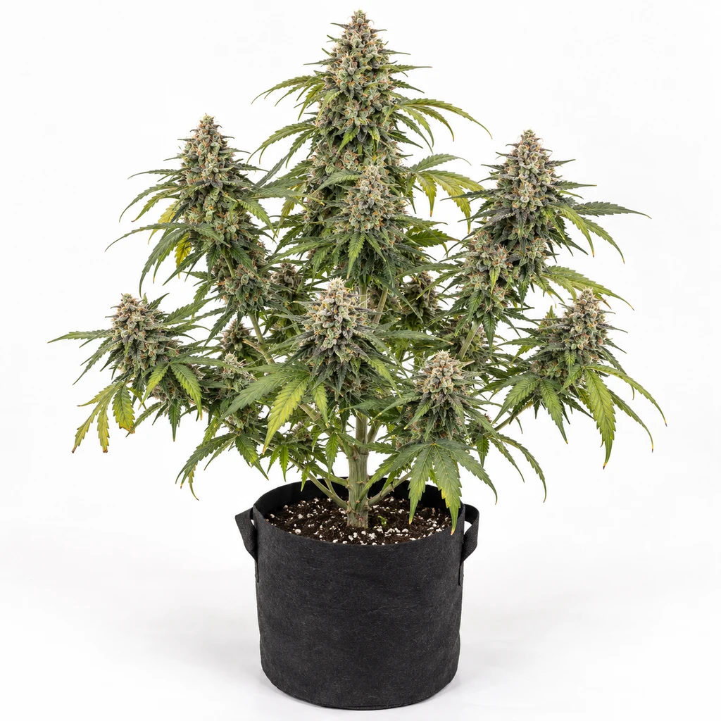 Ilustración de una planta de cannabis con varias ramas floridas en maceta negra, para la ficha de UFO x Bubba Kush de Ripper Seeds.