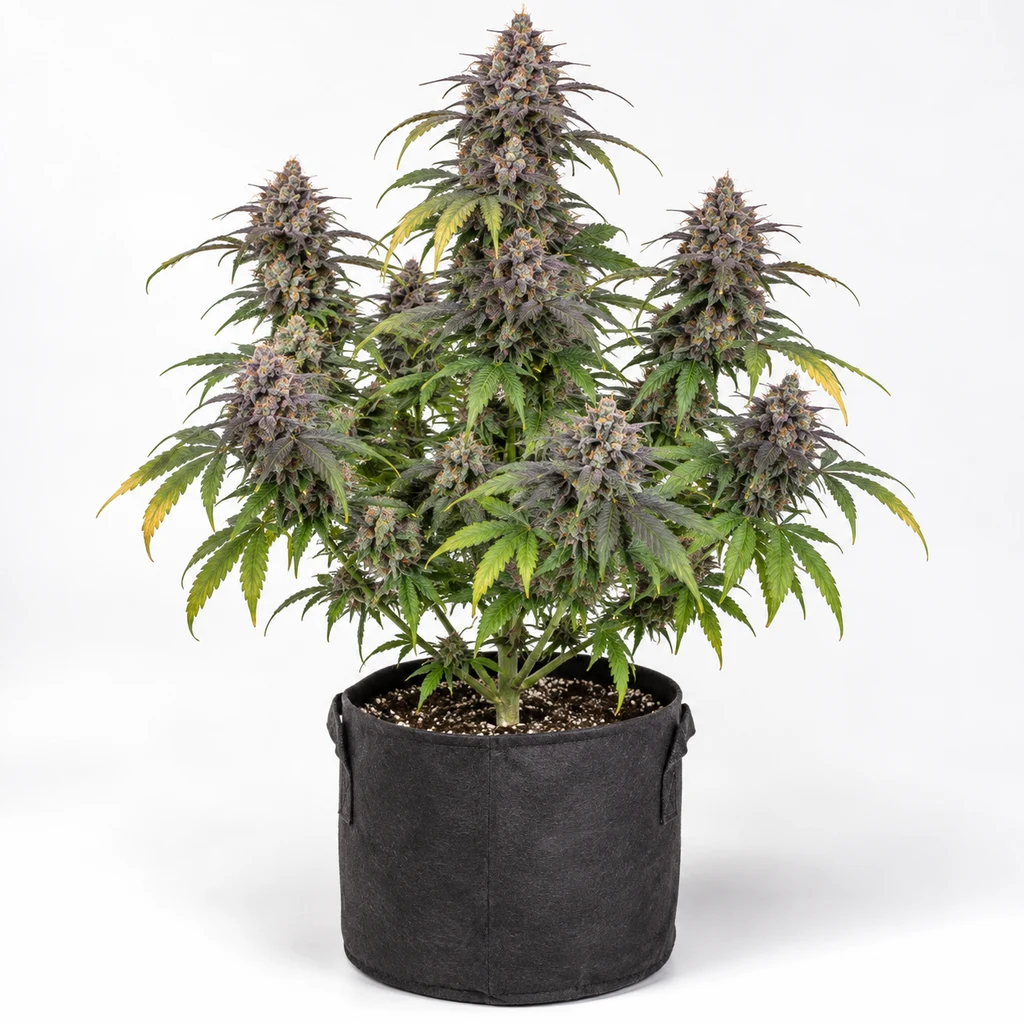 Ilustración de una planta en floración para la ficha de Auto Blueberry Cookies, con cogollos violáceos y maceta de tela oscura.