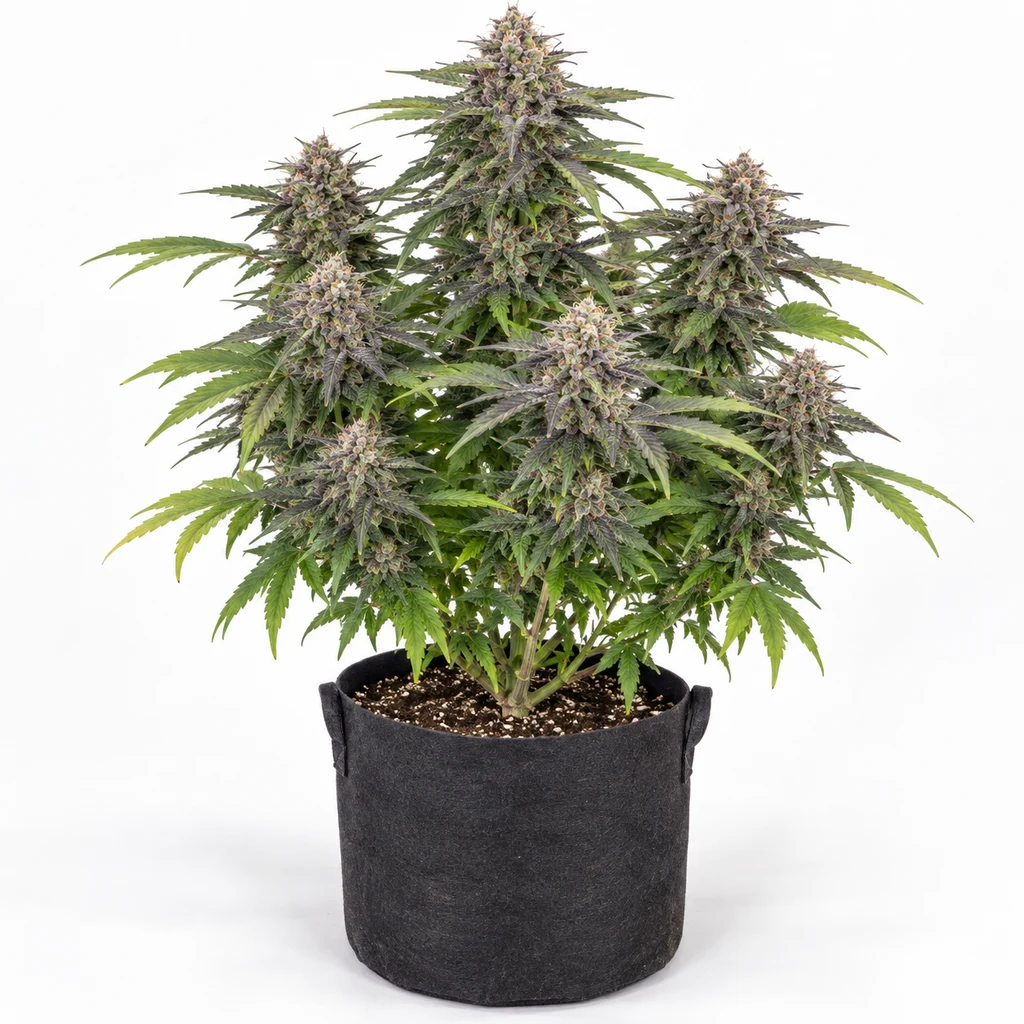 Ilustración de una planta de cannabis en floración para la ficha de Blueberry Feminizada de Nirvana Seeds, en maceta textil negra.