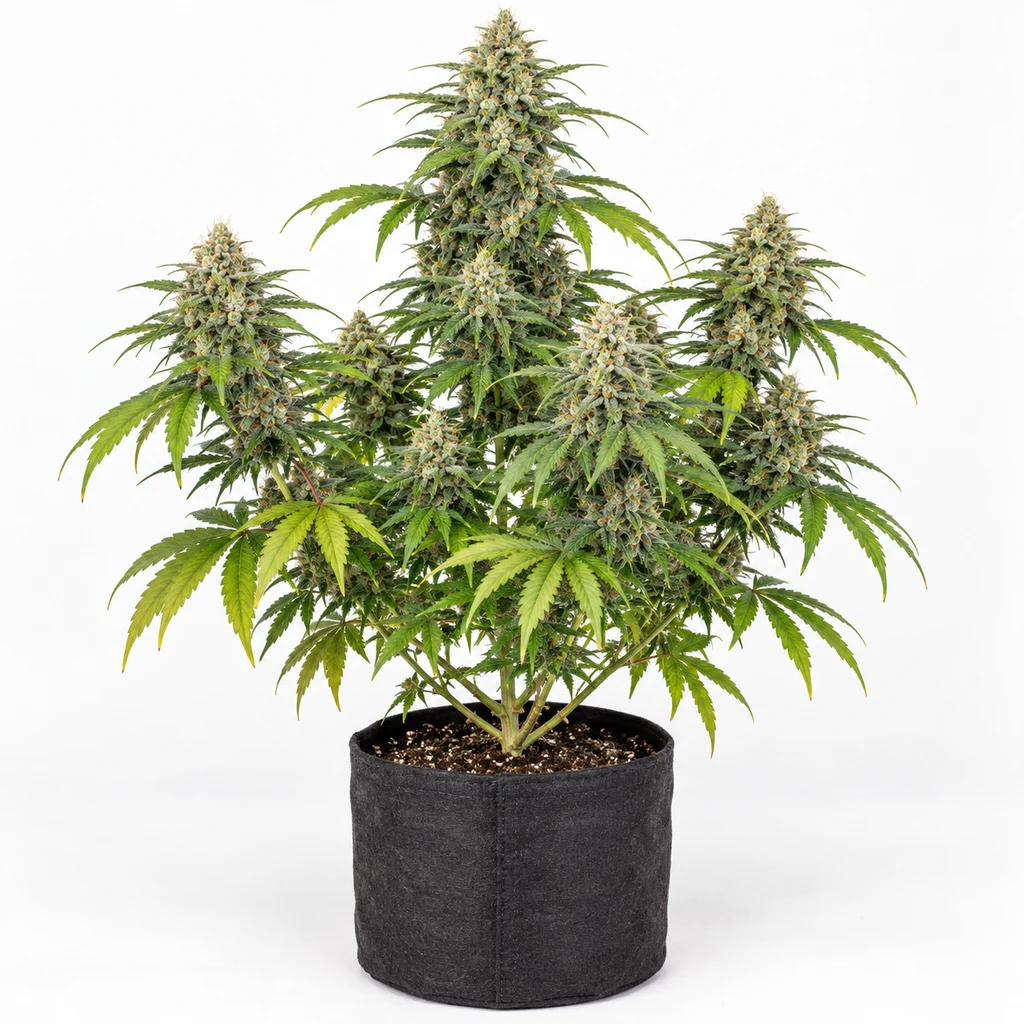 Ilustración de una planta en floración para la ficha de Lemon Haze Auto, con cogollos alargados y hojas verdes y amarillas en maceta negra.