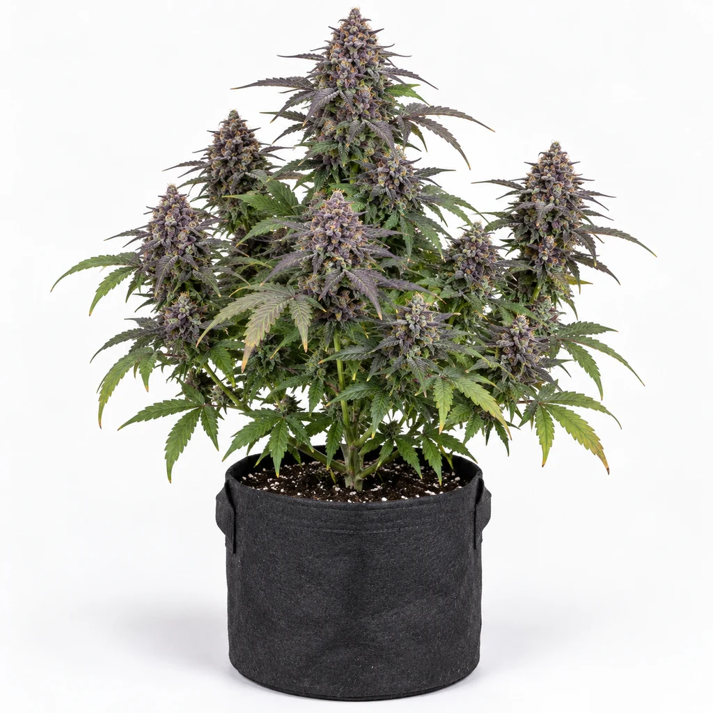 Ilustración de una planta con cogollos morados y hojas verdes en maceta negra, para la ficha de Purple Queen Auto.