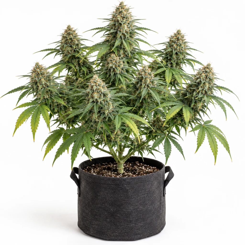 Ilustración de una planta con varias ramas floridas en maceta textil negra para la ficha de NY Diesel Feminizada de Vision Seeds.