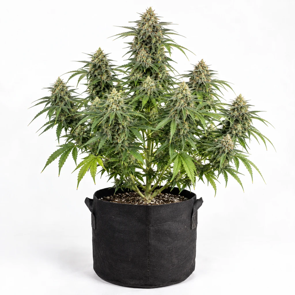 Ilustración de una planta en floración con varias ramas y flores densas en maceta negra, para la ficha de Sour Diesel Feminizada de Barney's Farm.