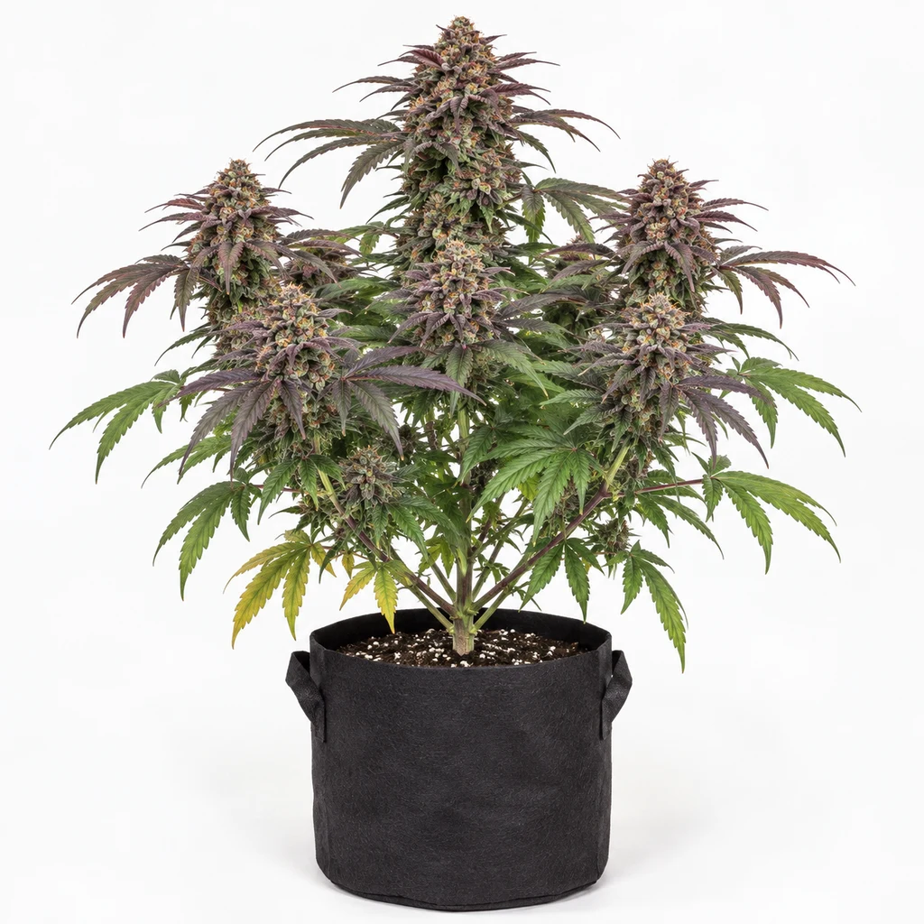 Ilustración de una planta de cannabis con flores y hojas verdes y moradas en maceta negra para la ficha de Red Red Wine.