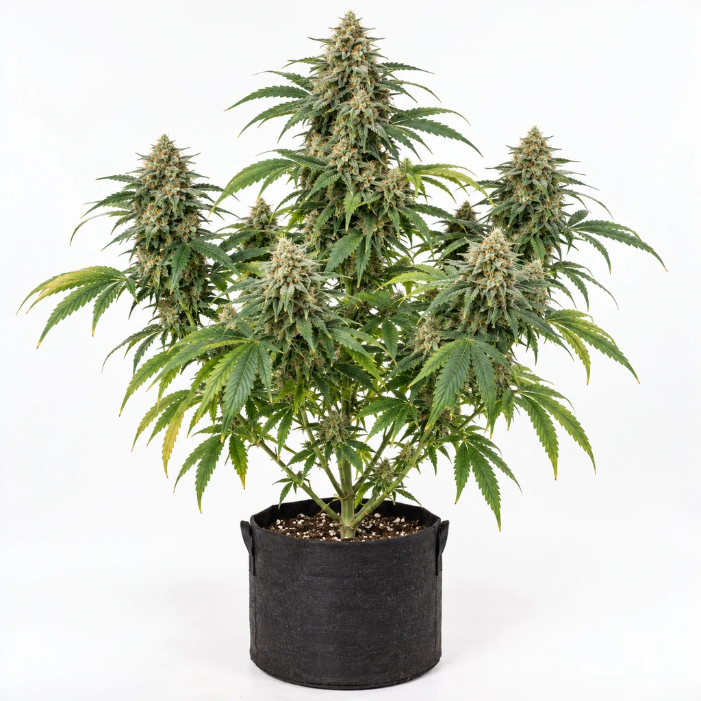 Ilustración de una planta de cannabis en floración para la ficha de The Stones Regular, con varias colas florales en maceta negra.