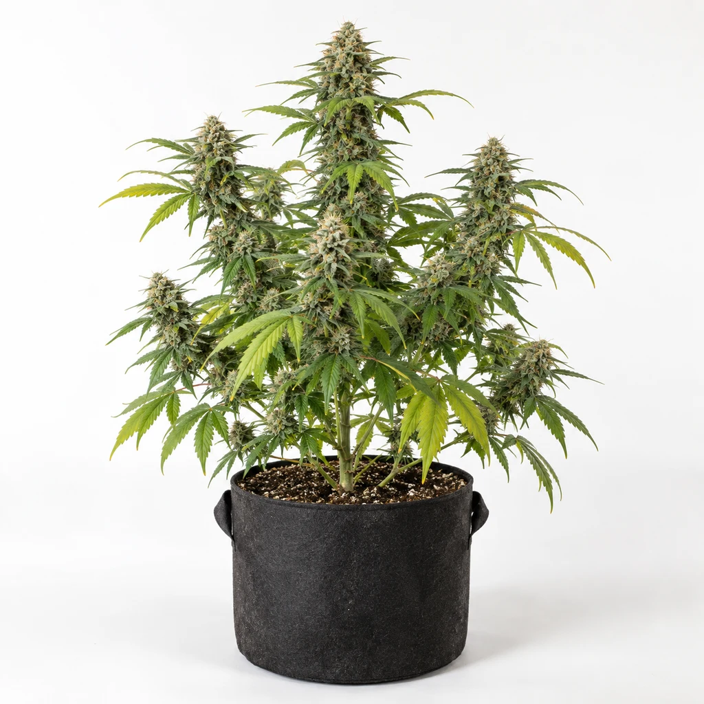 Ilustración de una planta en floración para la ficha de CBD Terra Italia Feminizada, con hojas verdes y amarillas en maceta negra.