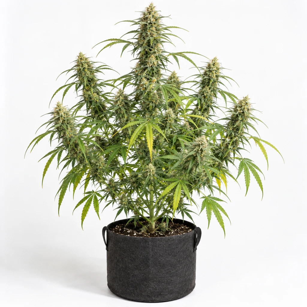 Ilustración de una planta de cannabis en floración en maceta negra, con cogollos alargados, para la ficha de Bangi Haze Feminizada.