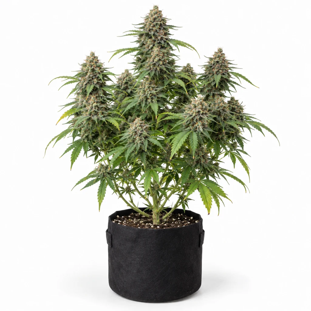 Ilustración de una planta con cogollos y hojas verdes en maceta negra para la ficha de Royal Cookies Automatic de Royal Queen Seeds.