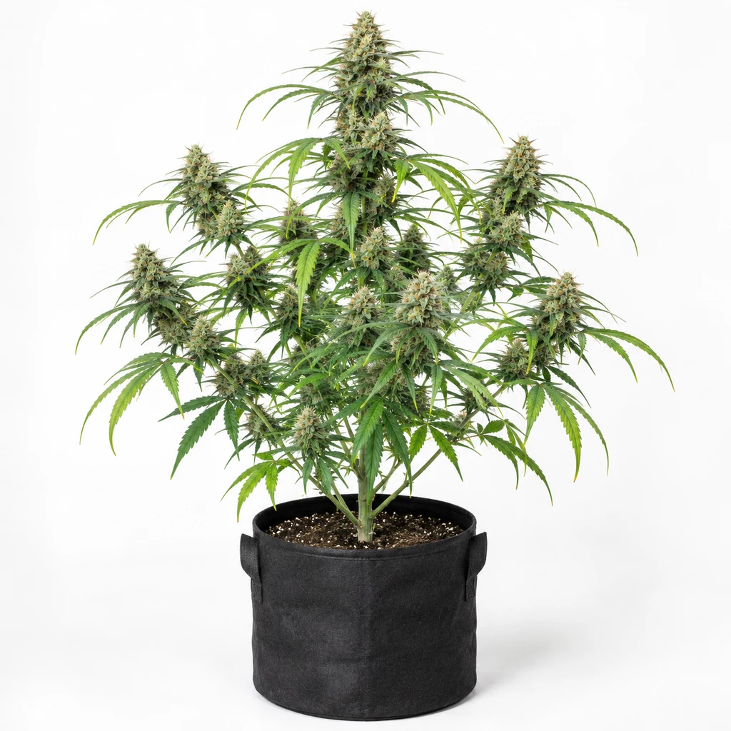 Ilustración de una planta de cannabis en floración en maceta negra, para la ficha de Ghost Train Auto, con hojas verdes y fondo blanco.