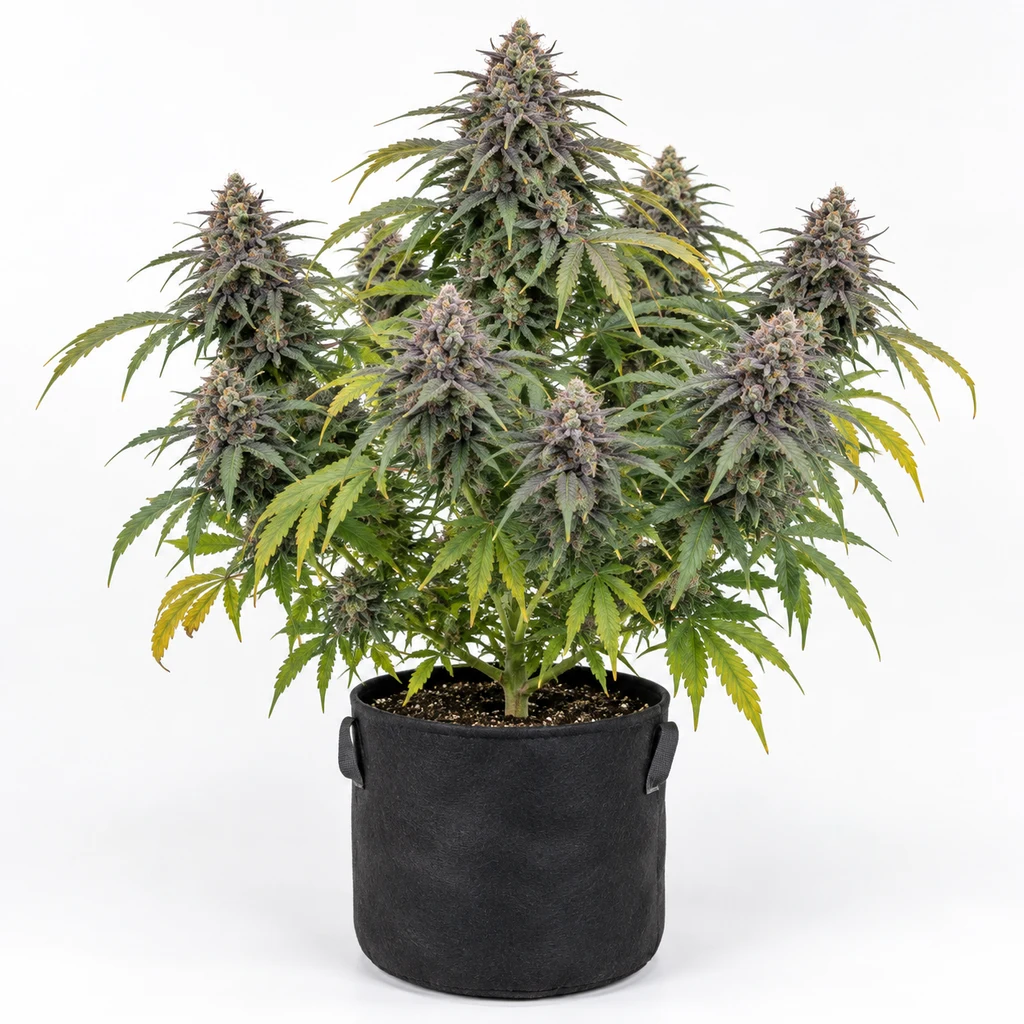 Ilustración de una planta en floración en maceta negra, con cogollos y hojas verdes y amarillas, para la ficha de Blue Gem Feminizada.