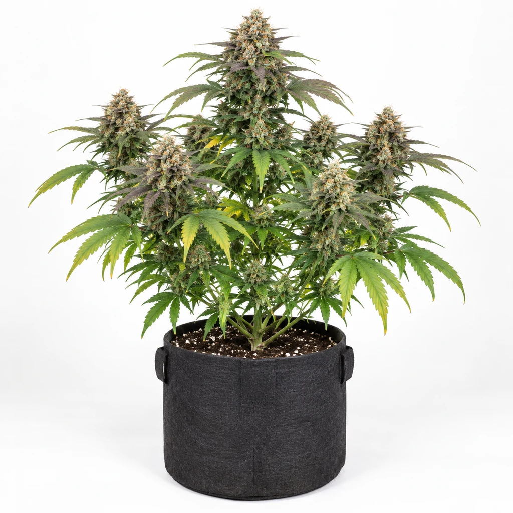 Ilustración de una planta en floración en maceta negra, con hojas verdes y moradas, para la ficha de Zkittlez Auto de Original Sensible Seeds.