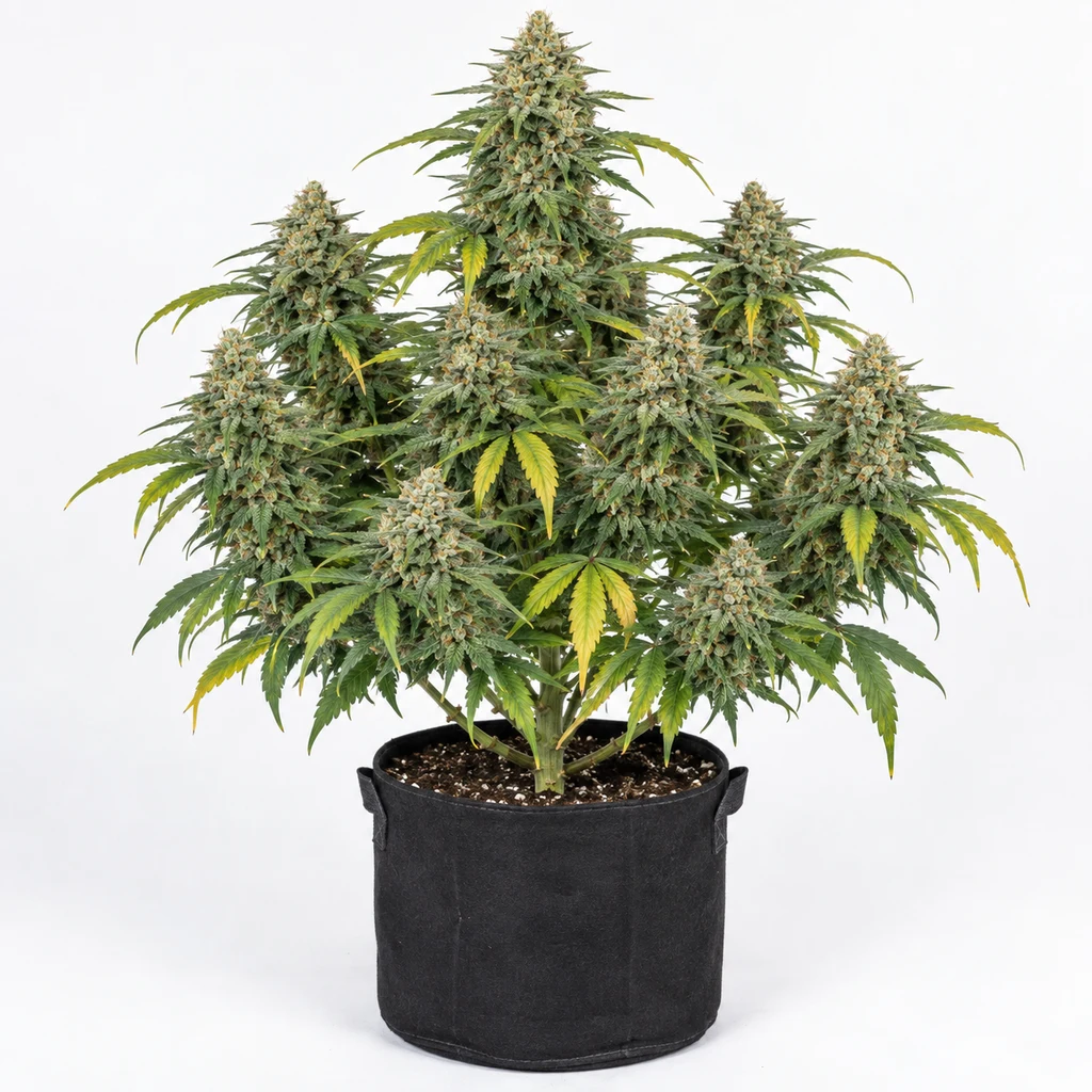 Ilustración de una planta de cannabis con cogollos abundantes en maceta negra para la ficha de Super Hash Auto – Pyramid Seeds.