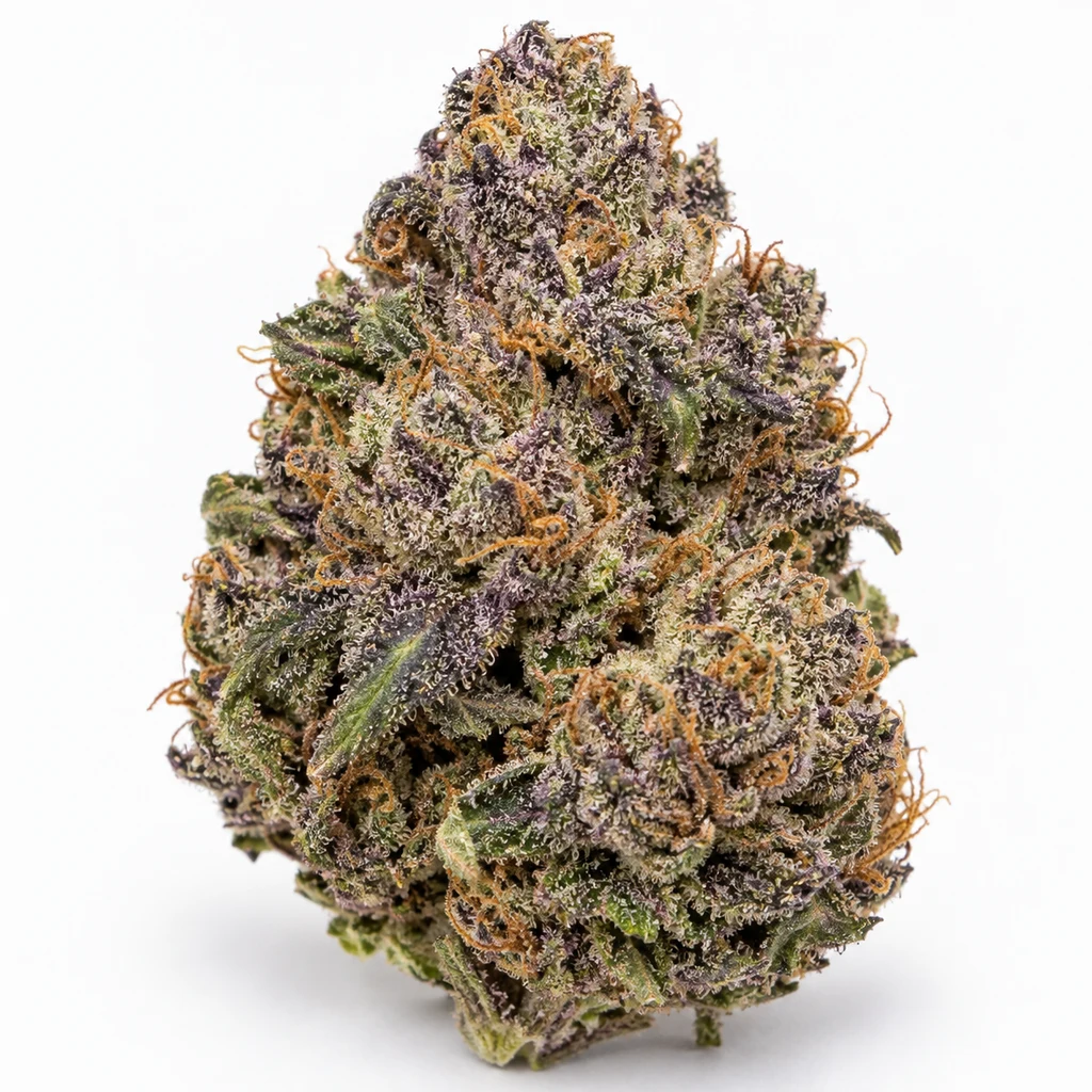 Ilustración de un cogollo morado y verde con pistilos anaranjados para la ficha de Buddha Purple Kush Auto de Buddha Seeds.