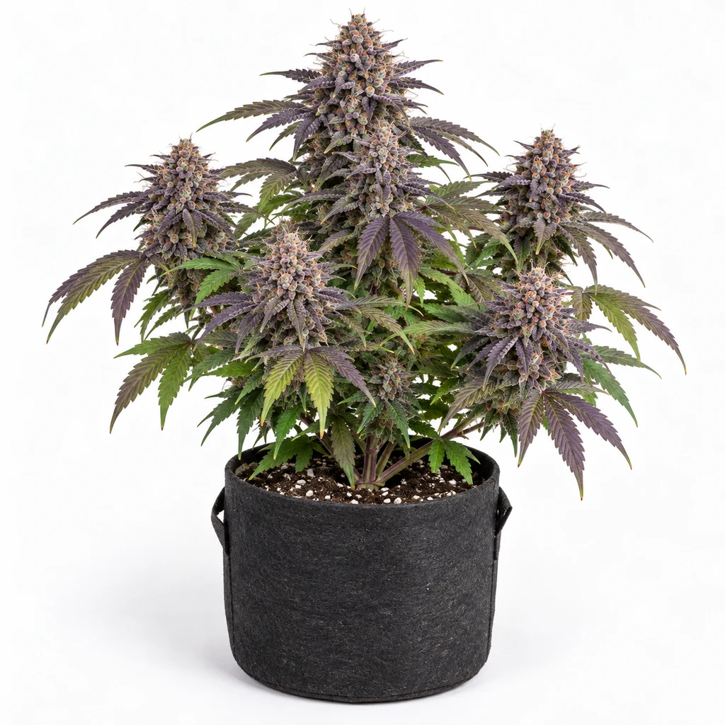Ilustración de una planta en floración para la ficha de Buddha Purple Kush Auto, con hojas moradas y verdes en una maceta textil negra.