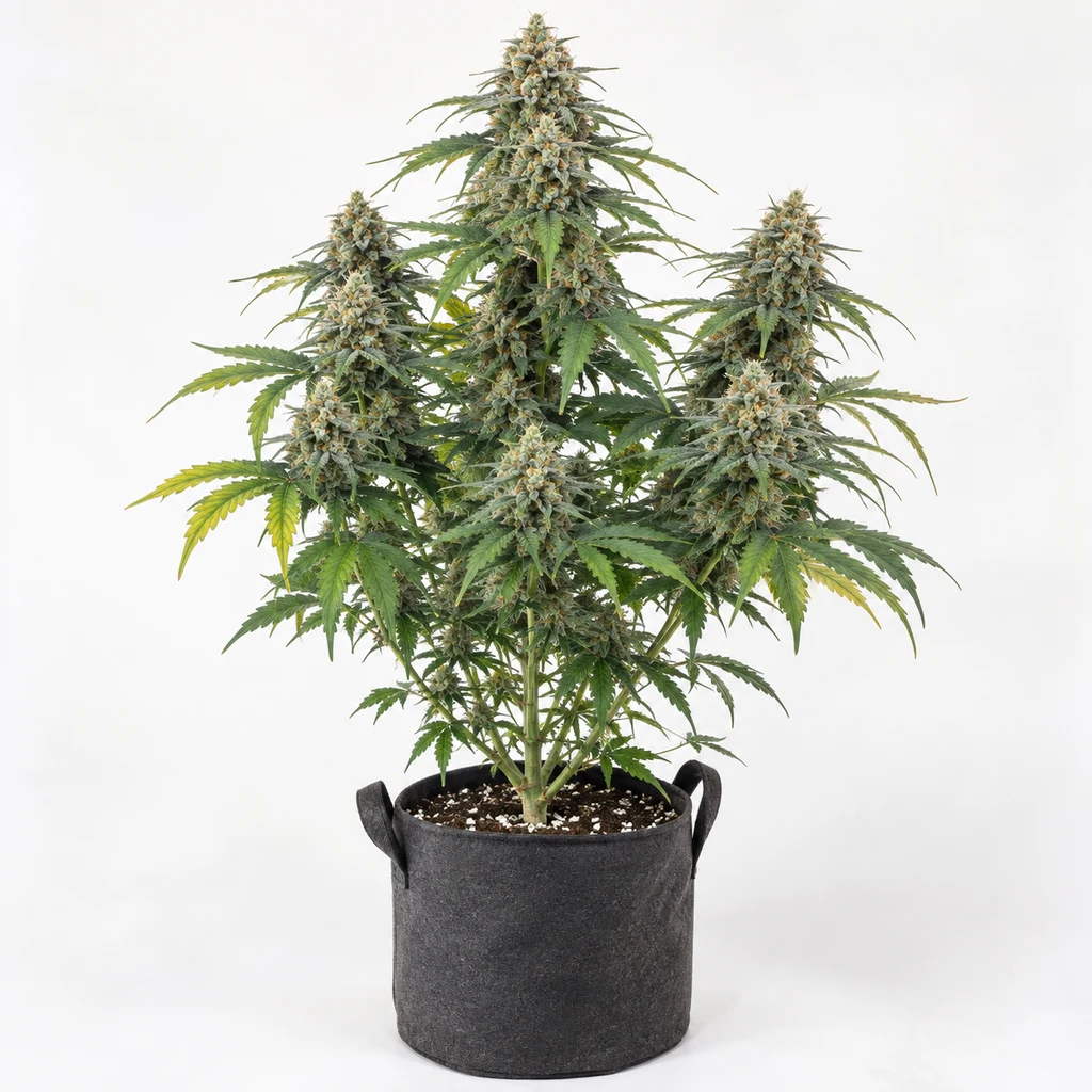 Ilustración de una planta de cannabis en floración, con cogollos y maceta textil, para la ficha de Zookies Feminizada de Spain Seeds.