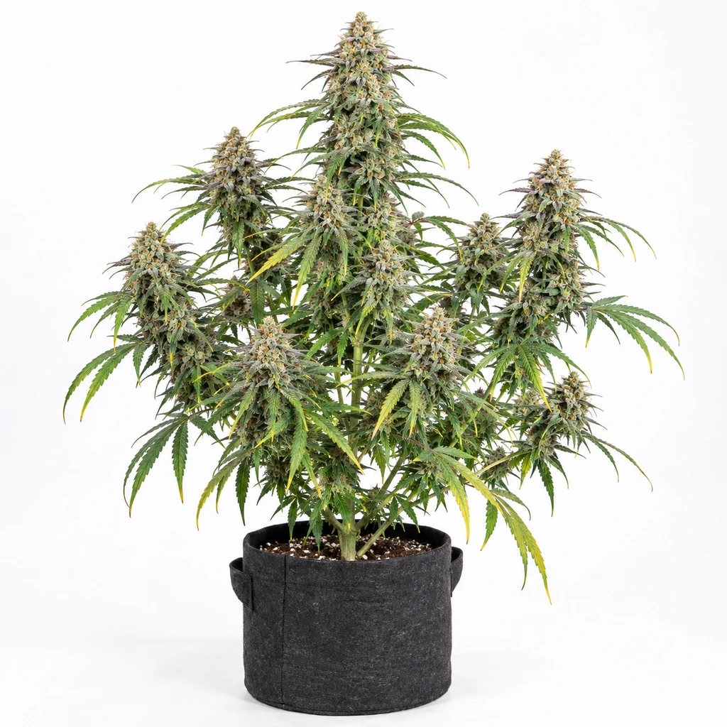 Ilustración de una planta de cannabis con flores alargadas y hojas verdes y amarillas en maceta de tela para la ficha de Icer Feminizada.