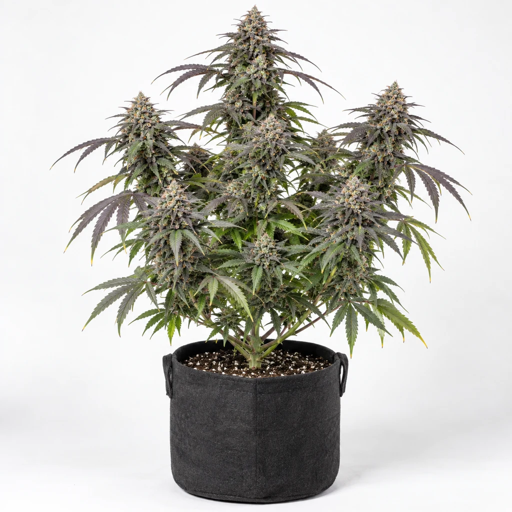 Ilustración de una planta en floración para la ficha de Zushi Supreme (Blue Zushi S1), con flores densas y hojas verdes y moradas en maceta negra.