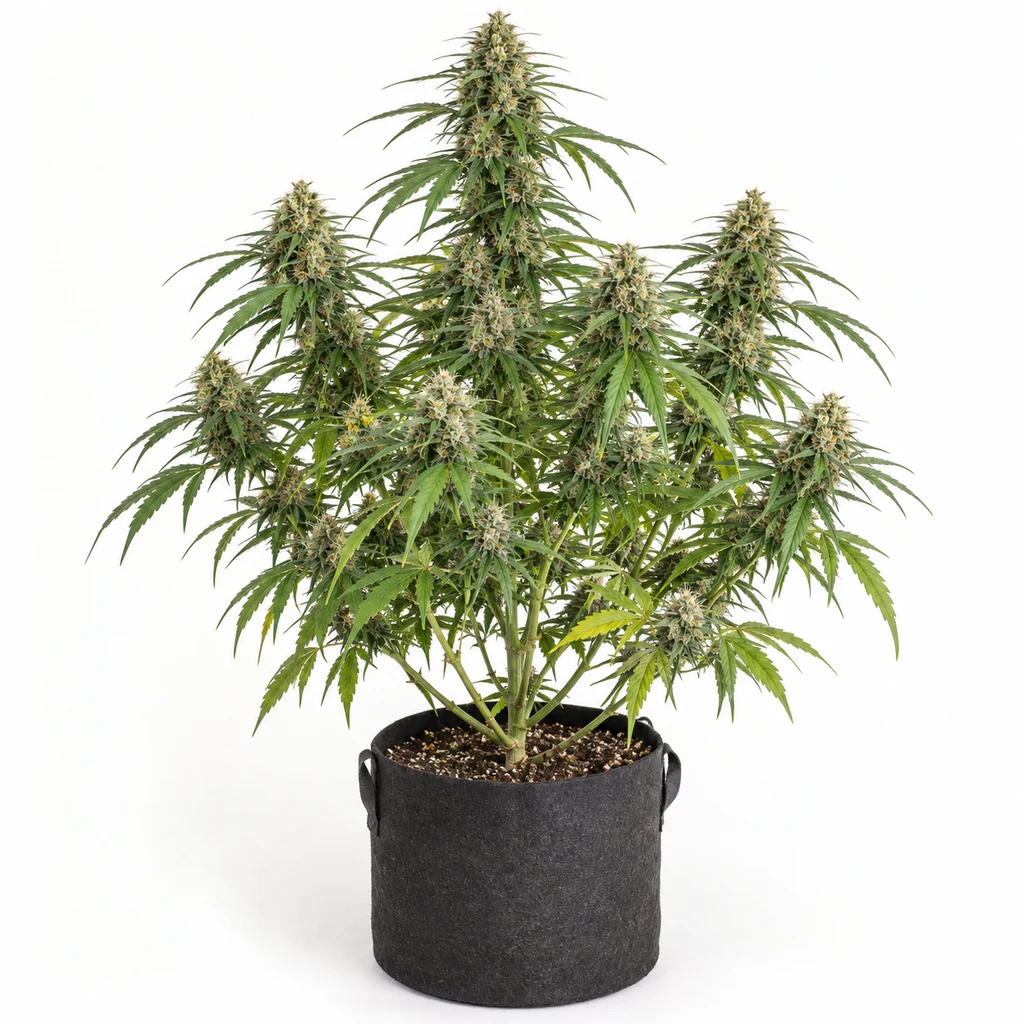 Ilustración de una planta de cannabis en floración en maceta negra sobre fondo blanco para la ficha de Amnesia Haze Feminizada de Bulk Seeds.