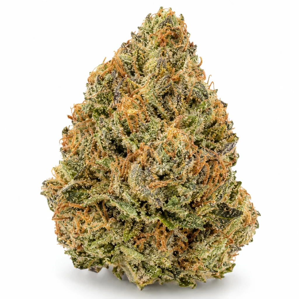 Ilustración de un cogollo verde con filamentos anaranjados y superficie cristalina para la ficha de Banana Cookies Feminizada de Advanced Seeds.