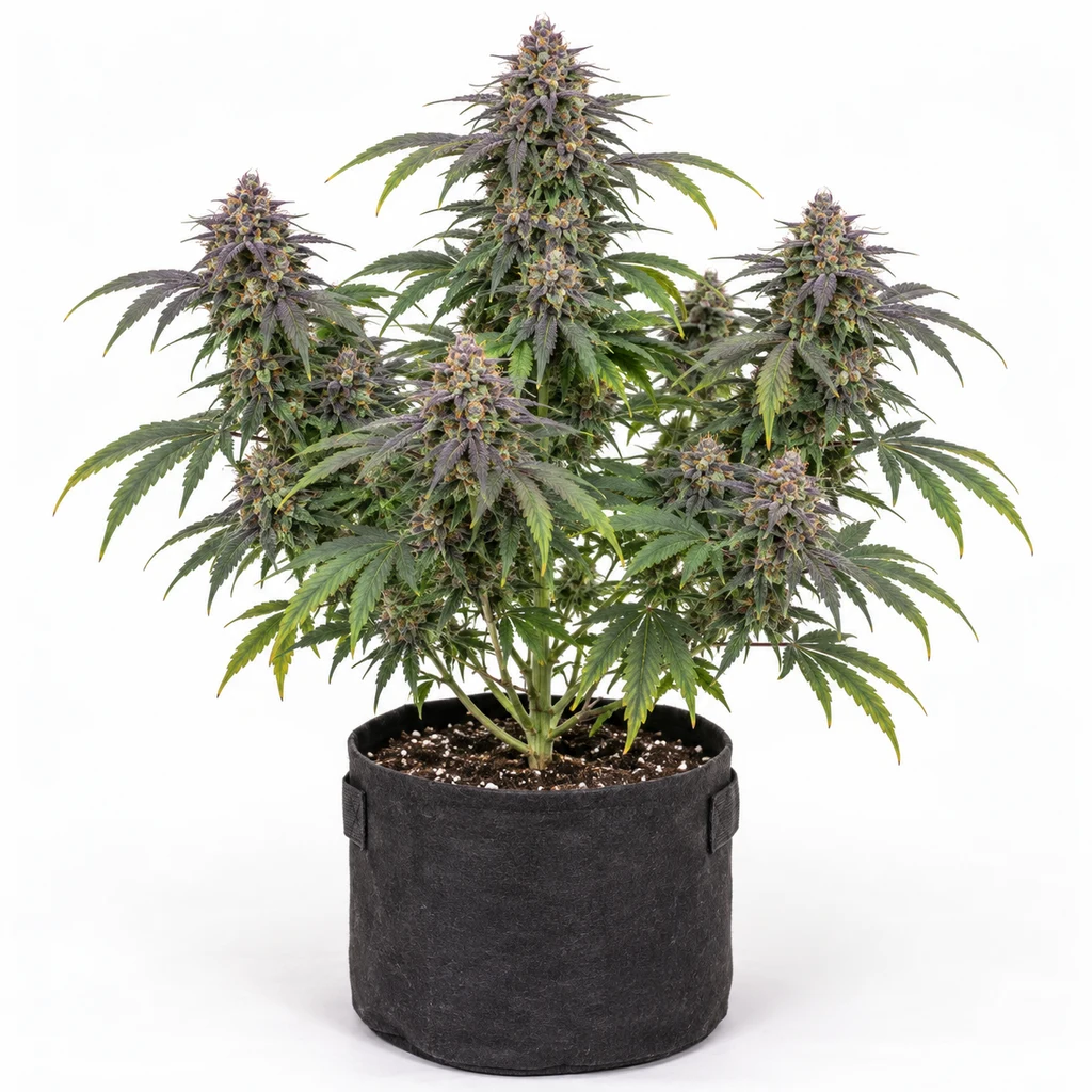 Ilustración de una planta de cannabis en floración para la ficha de Gelato Feminizada de Nirvana Seeds, en maceta textil negra sobre fondo blanco.