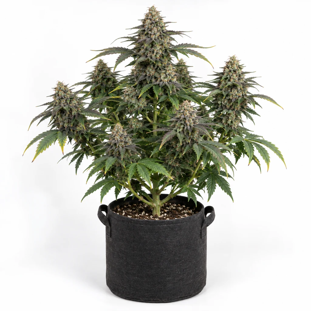 Ilustración de una planta en floración para la ficha de Black Kush, con varias colas florales y hojas verdes en maceta negra con asas sobre fondo blanco.