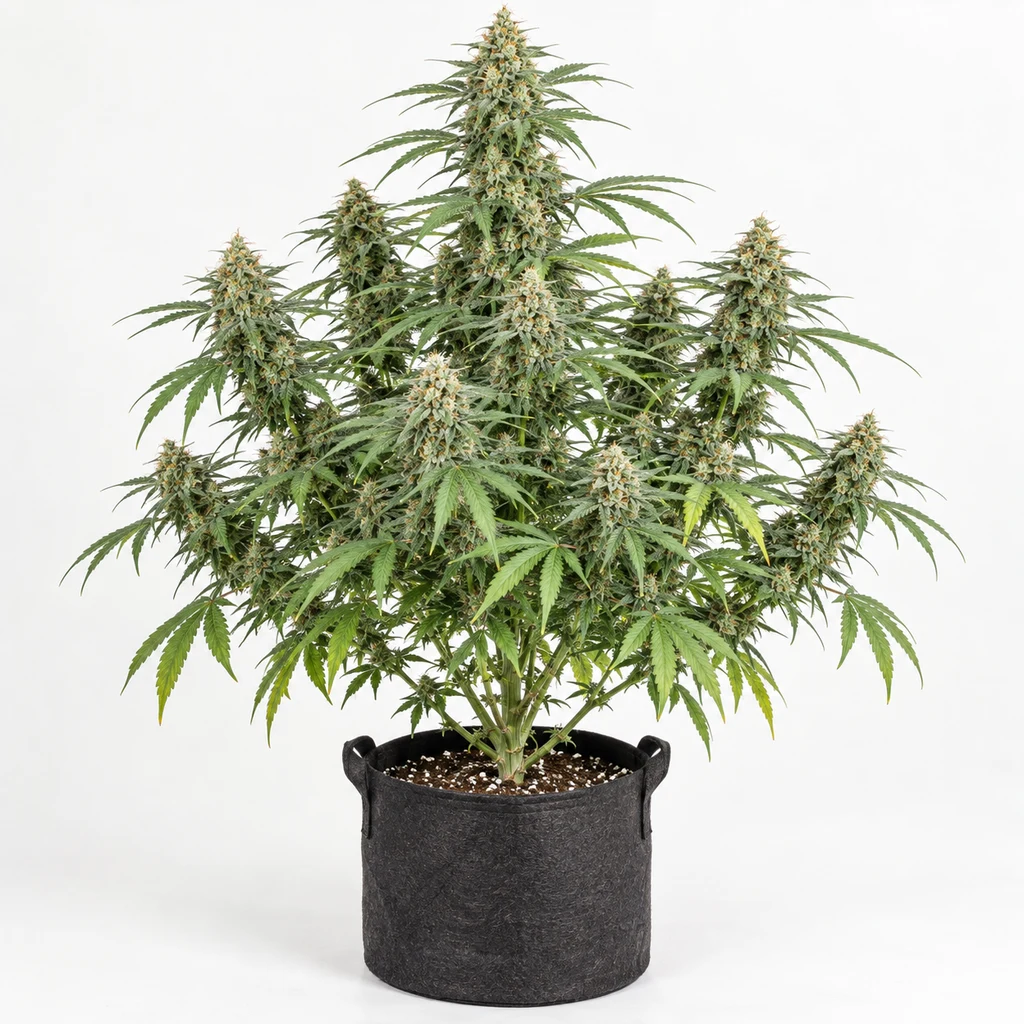 Ilustración de una planta de cannabis en floración para la ficha de Absolute Herer Feminizada, con cogollos y maceta de tela negra.