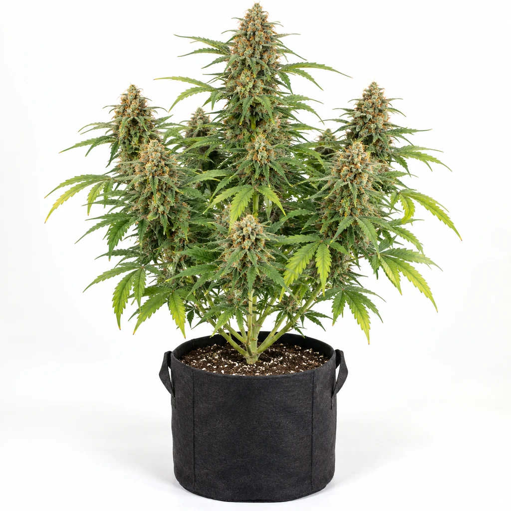 Ilustración de una planta en floración para la ficha de Orange Kush Auto, con varios cogollos y maceta negra sobre fondo blanco.