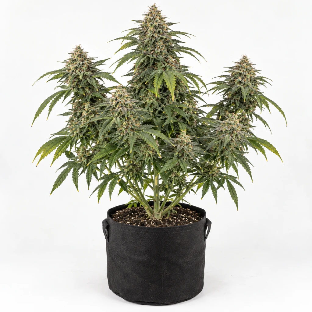 Ilustración de una planta en floración para la ficha de Dead Cheese Feminizada, con varias ramas y flores en una maceta negra sobre fondo blanco.