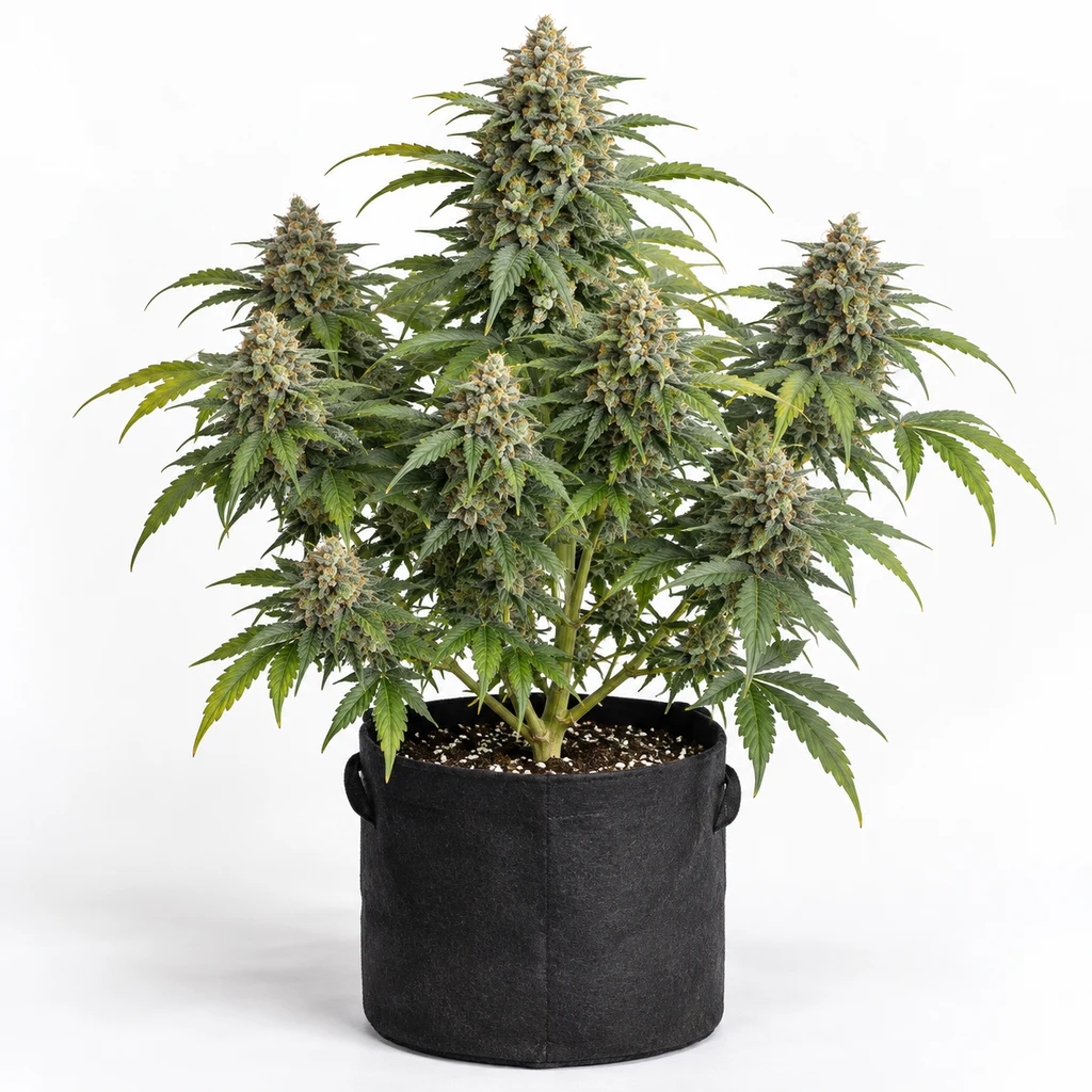 Ilustración de planta en floración para la ficha de California Kush Fast Feminizada, con cogollos abundantes y maceta negra sobre fondo blanco.