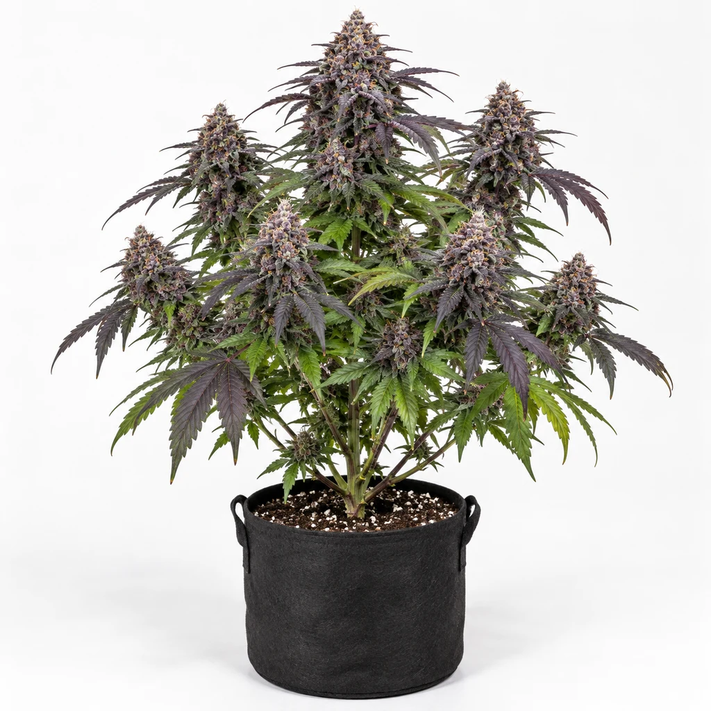 Ilustración de una planta para la ficha de Black Cherry Punch Feminizada, con flores violetas y hojas verdes en maceta negra sobre fondo blanco.