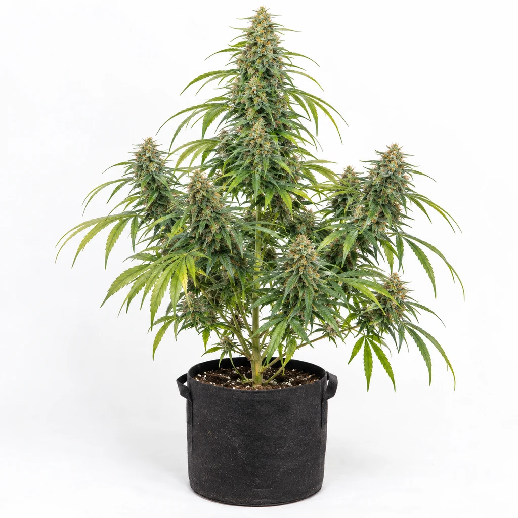 Ilustración de una planta de cannabis en floración, en maceta negra con asas, para la ficha de Auto Hawaii Maui Waui de Nirvana Seeds.