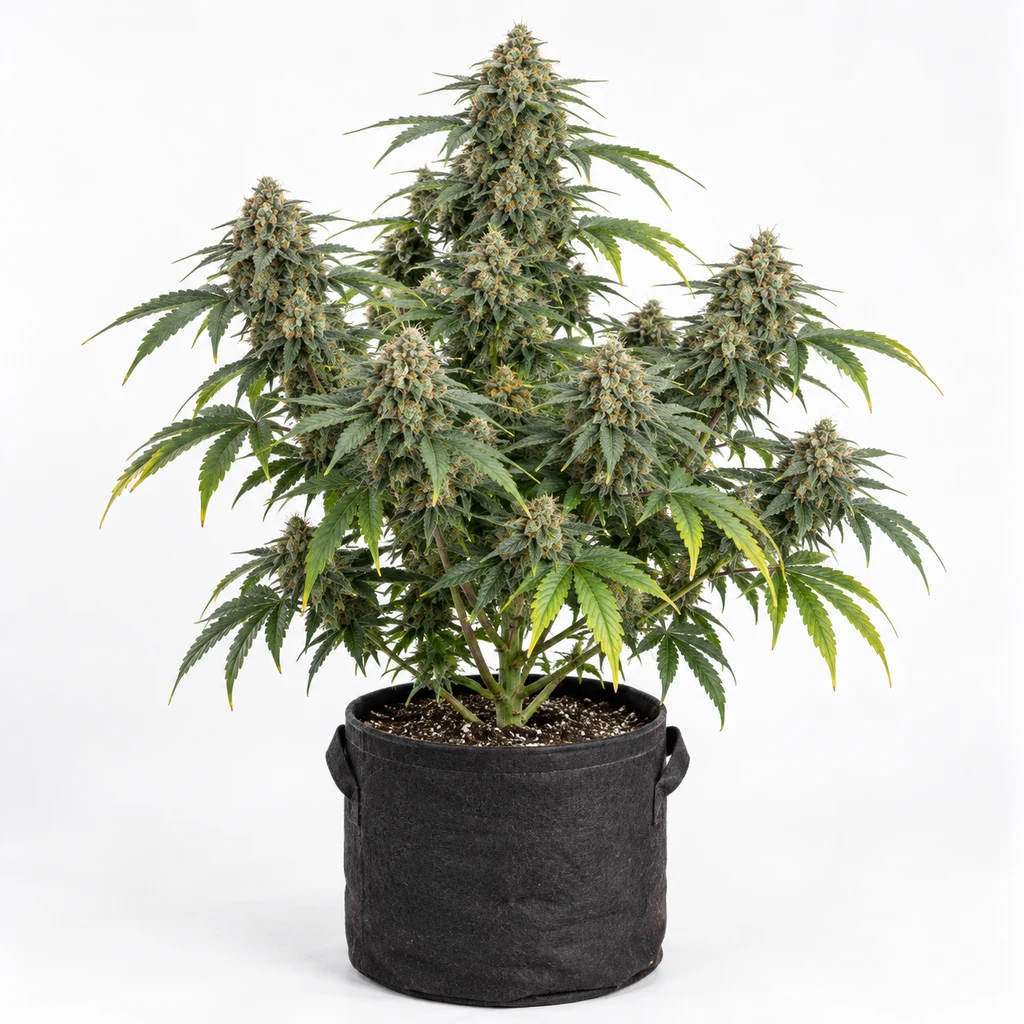 Ilustración de una planta de cannabis en floración en maceta negra para la ficha de Barraca Sour Feminizada, sobre fondo blanco.