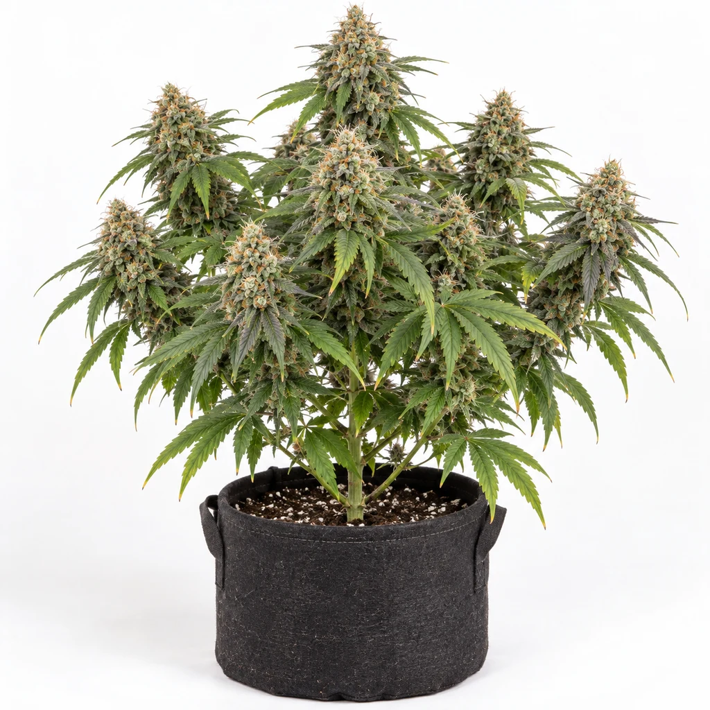Ilustración de planta para la ficha de Wedding Cheesecake Fast Flowering, con varios cogollos y hojas verdes en una maceta negra.