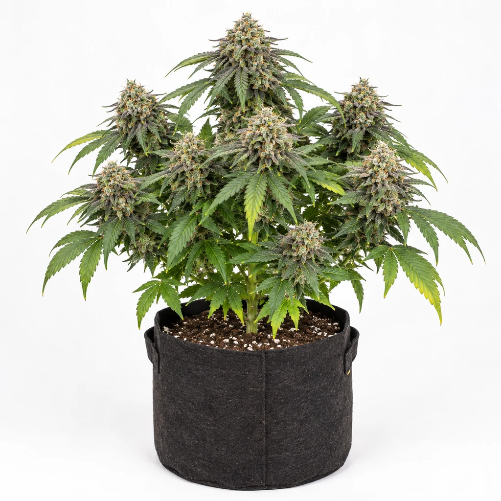 Ilustración de una planta de cannabis con varias flores y hojas verdes en maceta negra, para la ficha de Dosimosa Feminizada.