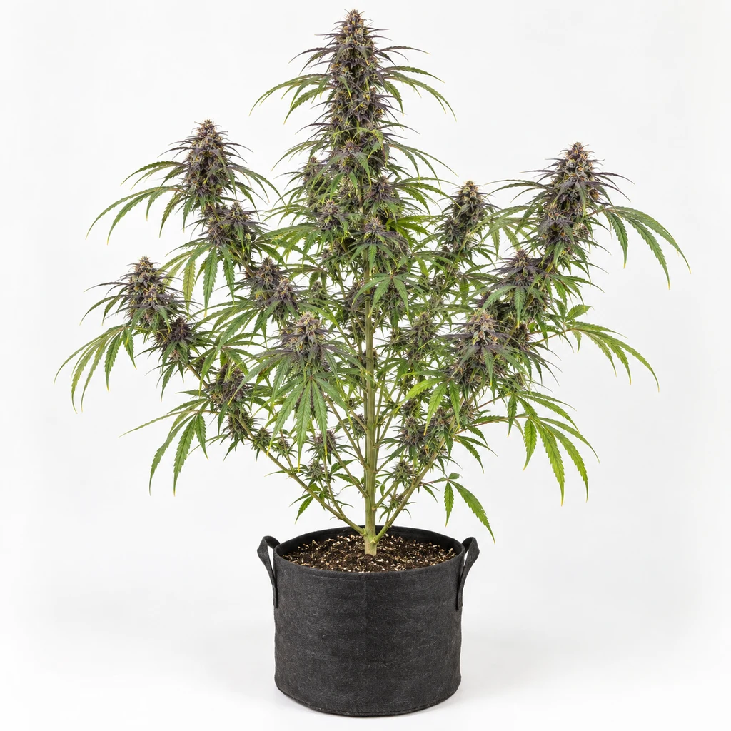 Ilustración de una planta ramificada con flores moradas en maceta negra para la ficha de Purple Thai Feminizada de Anesia Seeds.