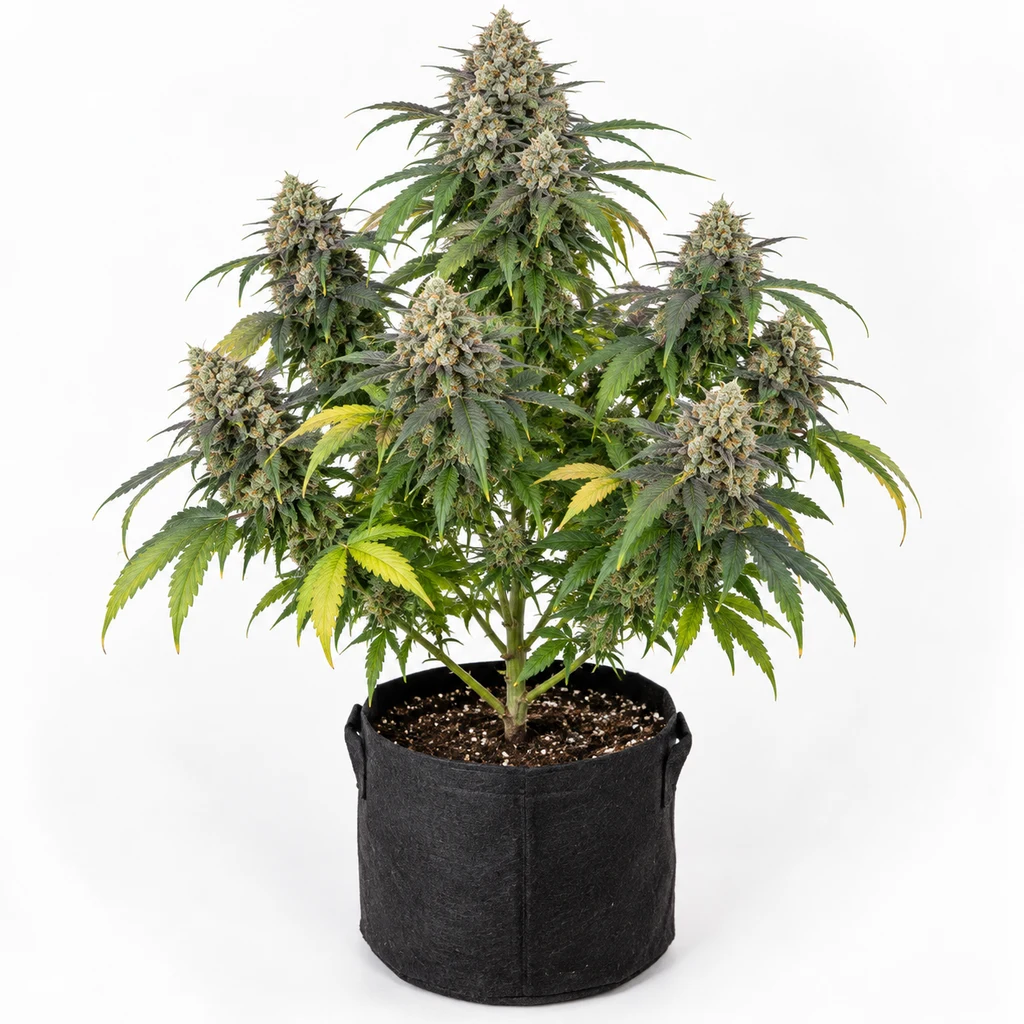 Ilustración de una planta con cogollos abundantes en maceta negra para la ficha de Do-Si-Dos Feminizada de Royal Queen Seeds.