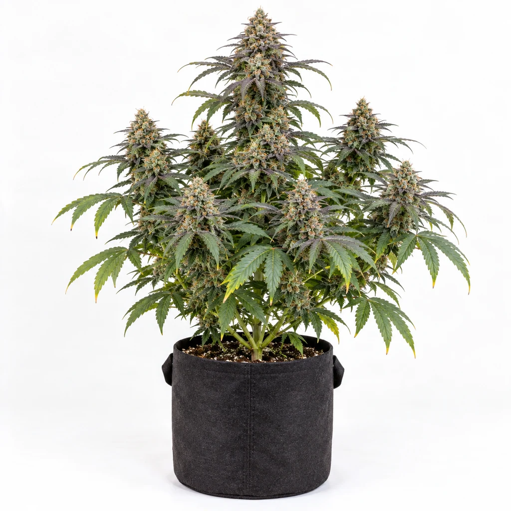 Ilustración de una planta de cannabis con abundantes cogollos y hojas dentadas en maceta negra para la ficha de RS11 Feminizada.