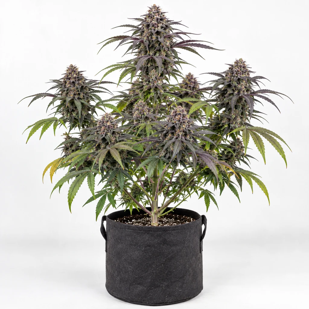 Ilustración de una planta de cannabis con hojas verdes y moradas en maceta negra, para la ficha de American Purple Feminizada.