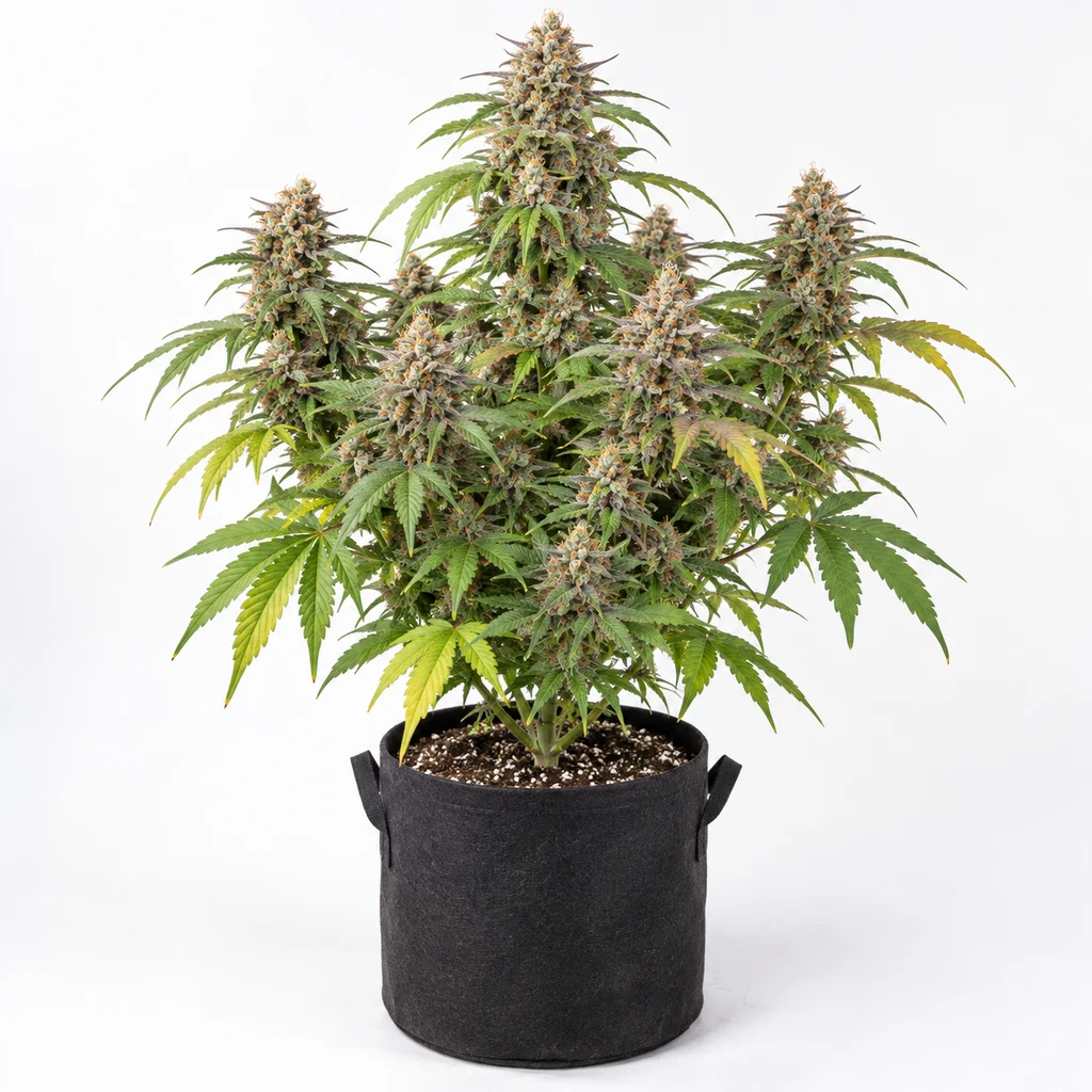 Ilustración de una planta en floración en maceta negra, con hojas verdes y amarillas, para la ficha de Auto Strawberry Banana.