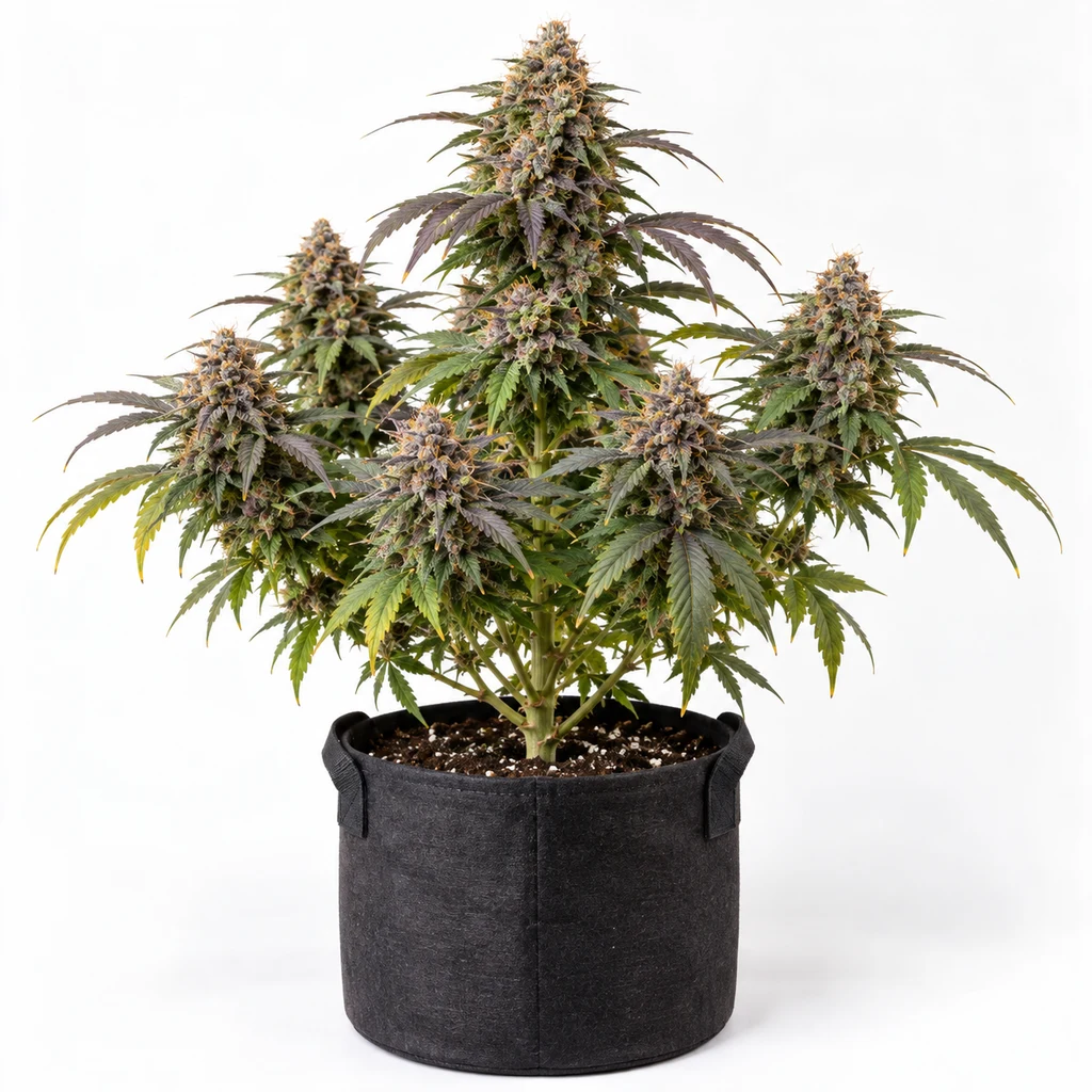 Ilustración de una planta en floración para la ficha de Auto Strawberry Pie, con cogollos y hojas verdes y moradas en maceta negra.