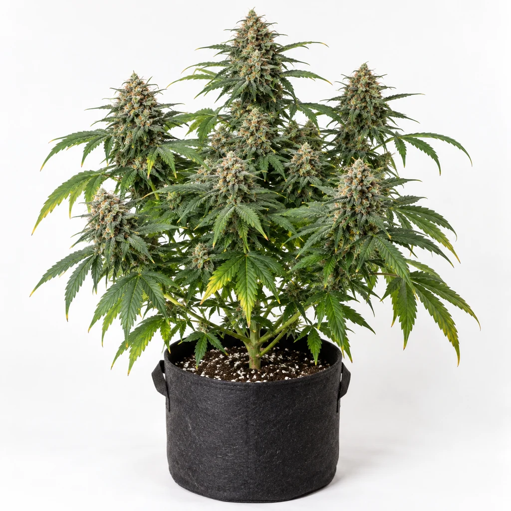 Ilustración de una planta de cannabis en floración en maceta negra, para la ficha de G13 x Widow Regular de Mr. Nice Seeds.
