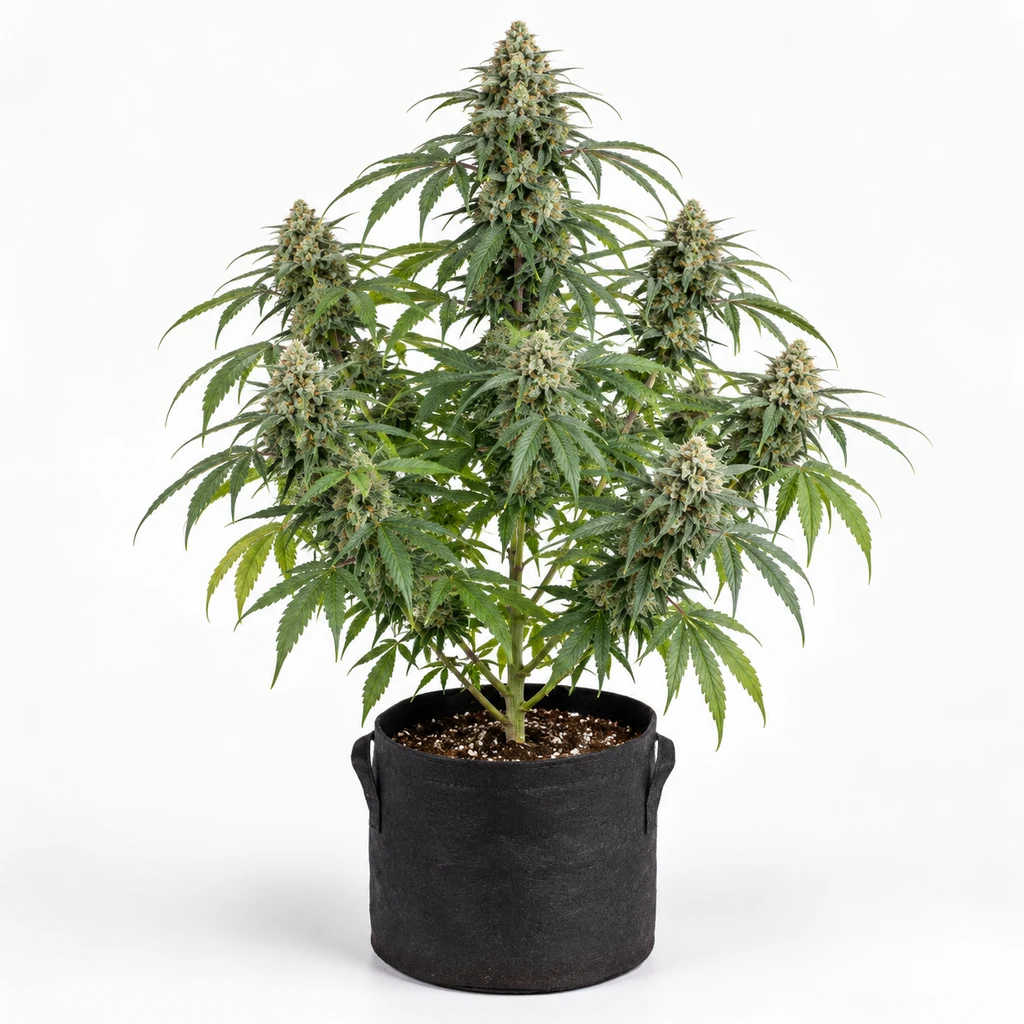 Ilustración de cannabis en floración para la ficha de Blue Dream Regular, con cogollo central alto y ramas laterales en maceta negra.