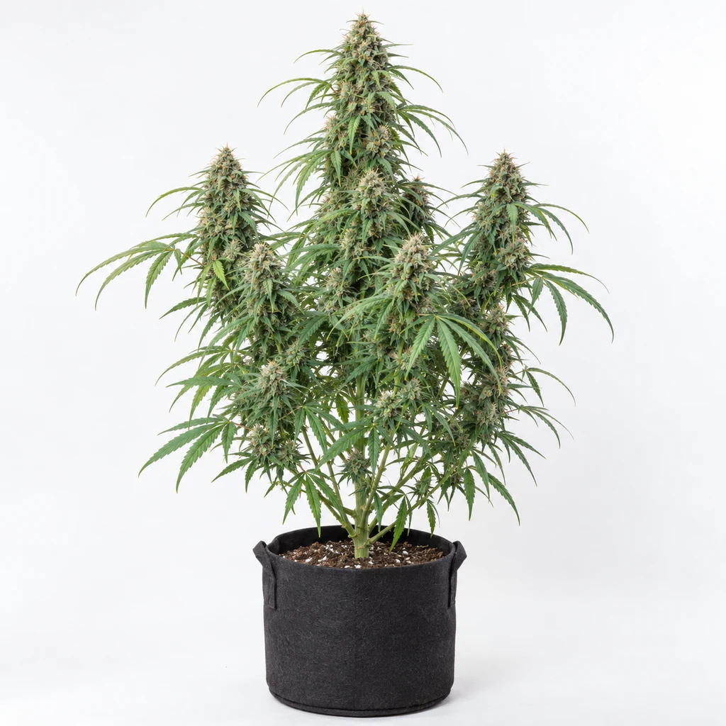 Ilustración de una planta de cannabis en floración en maceta negra, sobre fondo blanco, para la ficha de Brainkiller Haze Feminizada de Vision Seeds.