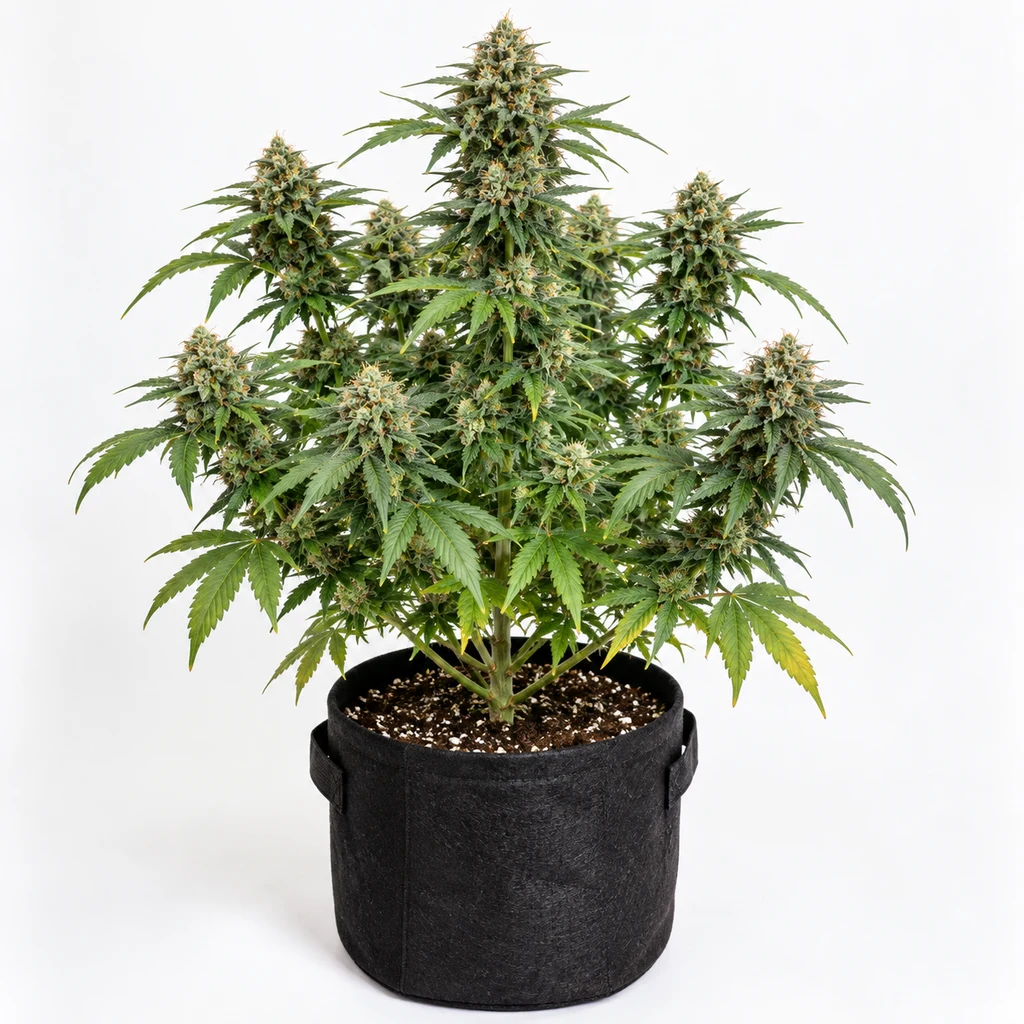 Ilustración de una planta de cannabis en floración para la ficha de Auto Afghan Mass de 00 Seeds, en maceta negra con asas.