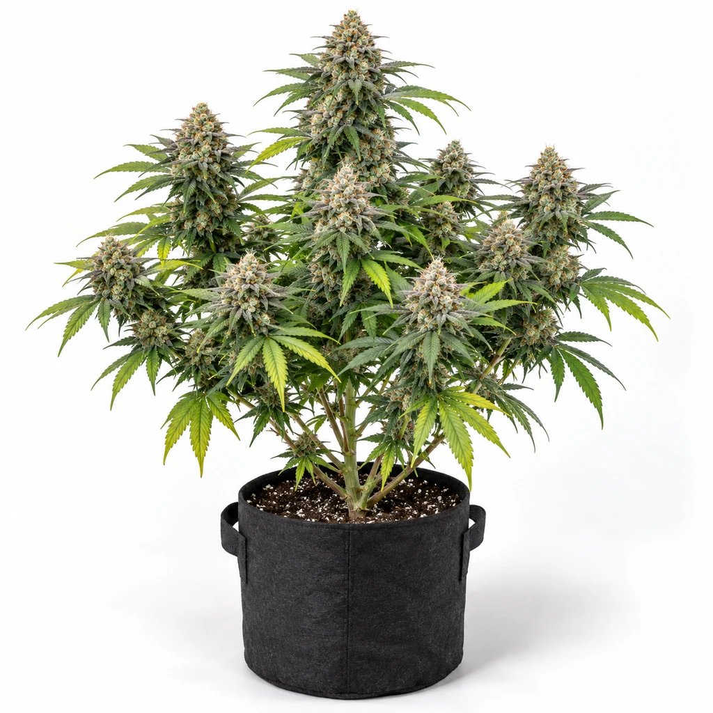 Ilustración de una planta de cannabis en floración para la ficha de Candy Lime Feminizada, con varios cogollos y maceta negra sobre fondo blanco.