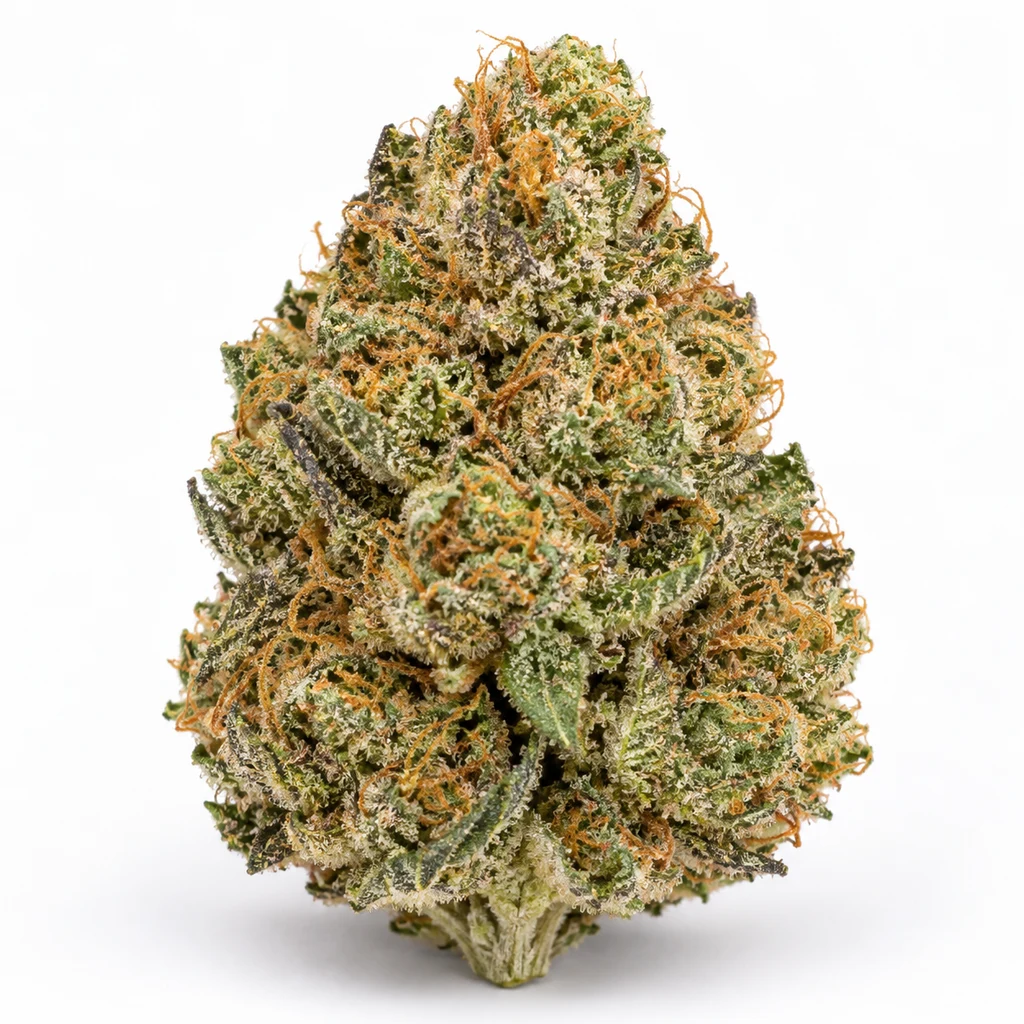 Ilustración de un cogollo para la ficha de Mimosa Max Auto de G13 Labs, con hojas verdes, tricomas claros y pistilos naranjas.