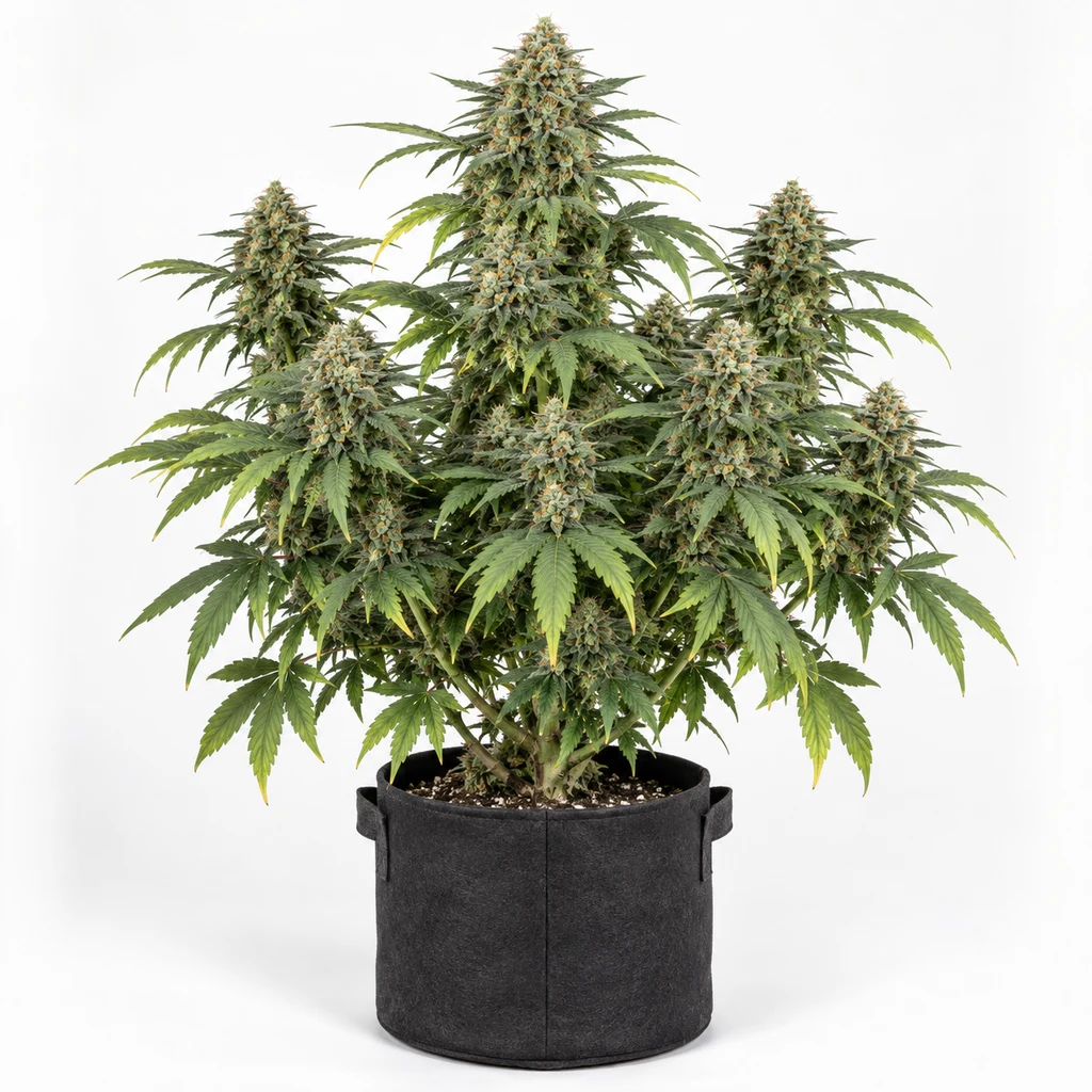 Ilustración de una planta con cogollos abundantes en maceta negra sobre fondo blanco para la ficha de Skunk #1 Regular de Barney's Farm.