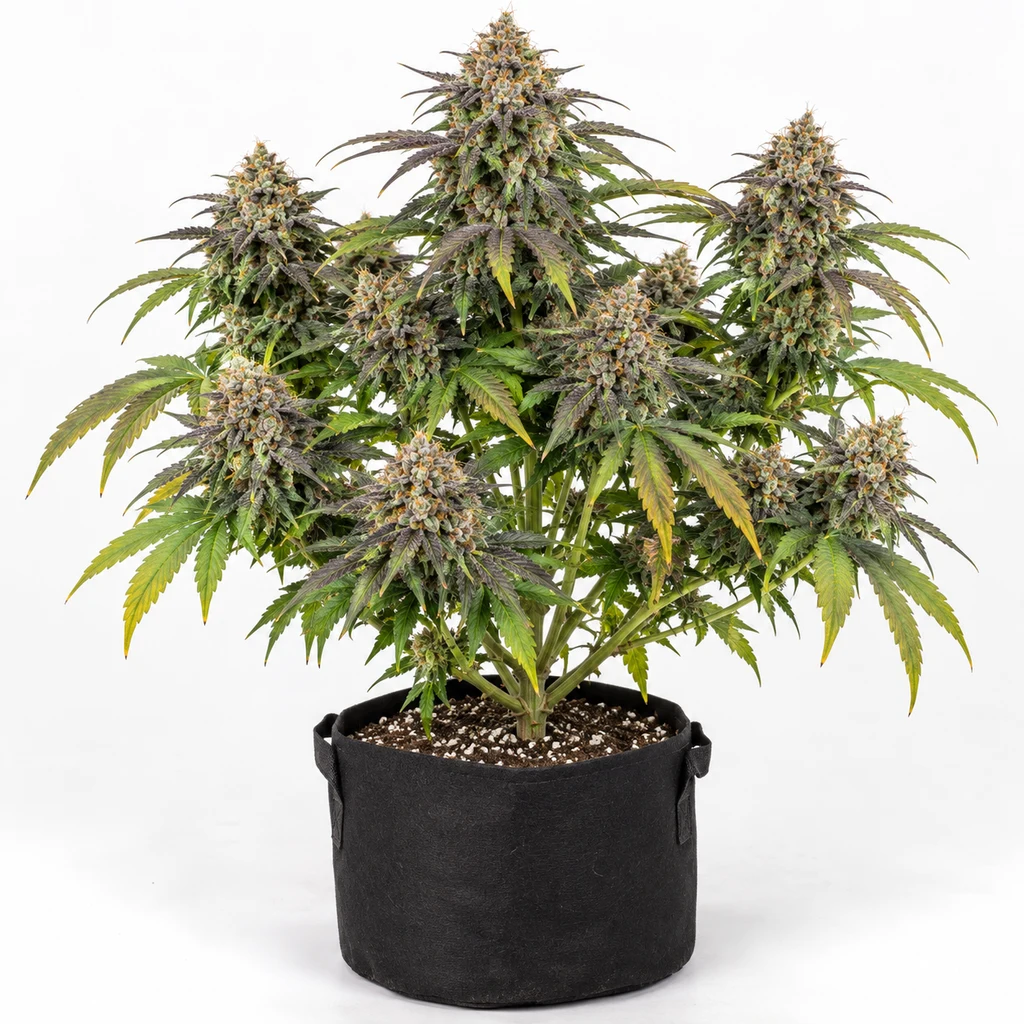 Ilustración de una planta con abundantes cogollos y maceta negra para la ficha de Zombie Kush x The White Feminizada.