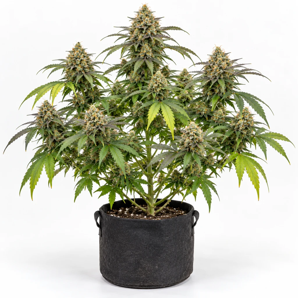 Ilustración de una planta de cannabis en floración en maceta negra, para la ficha de Gary Payton Feminizada, con varias ramas y cogollos.